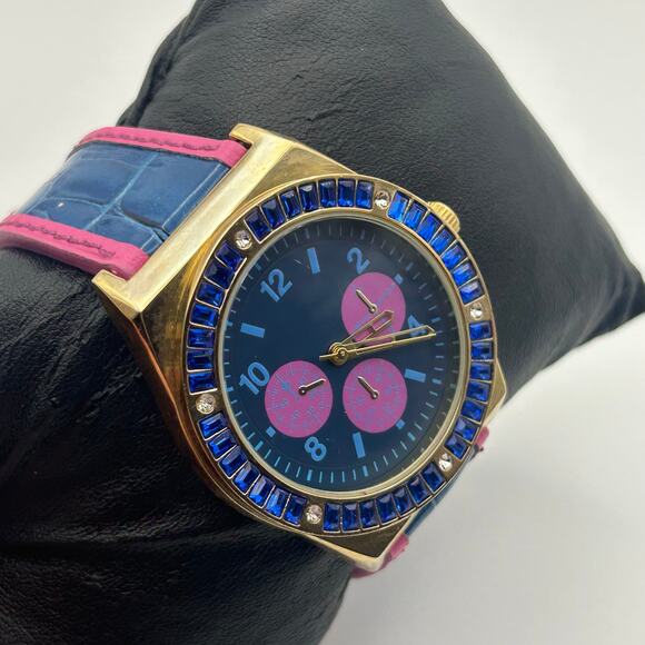 Adrienne Gold Blue Crystal Bezel Pink Blue Leather Working New Battery - Picture 2 of 8